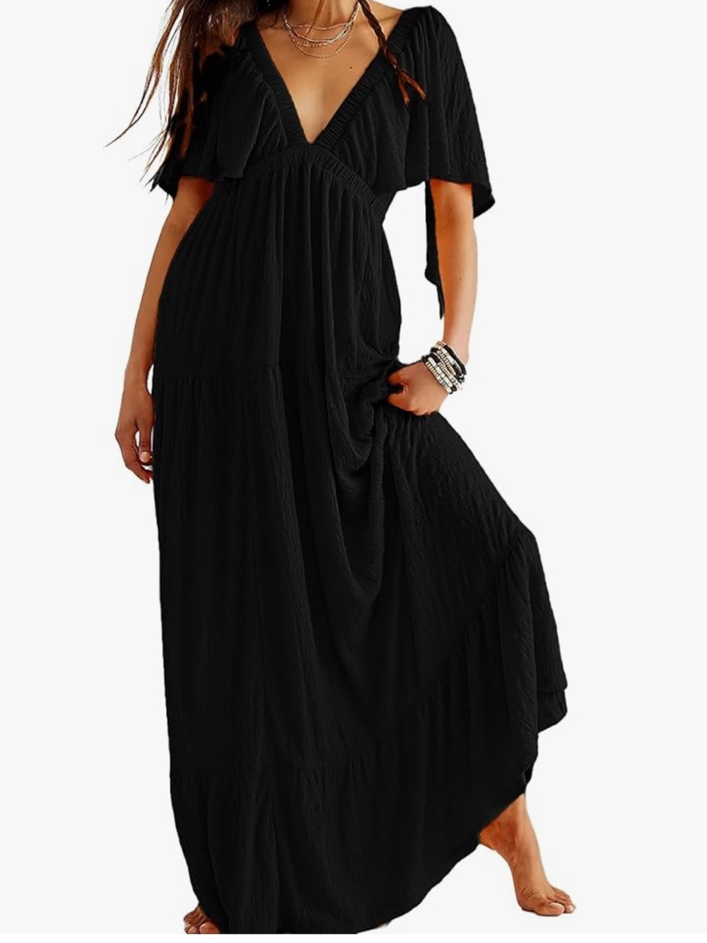 Women's Black V-Neck Tiered Maxi Dress